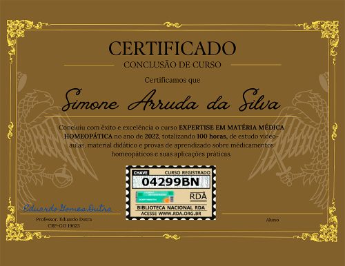 Imagem do Certificado do Curso Expertise em Matéria Médica Homeopática